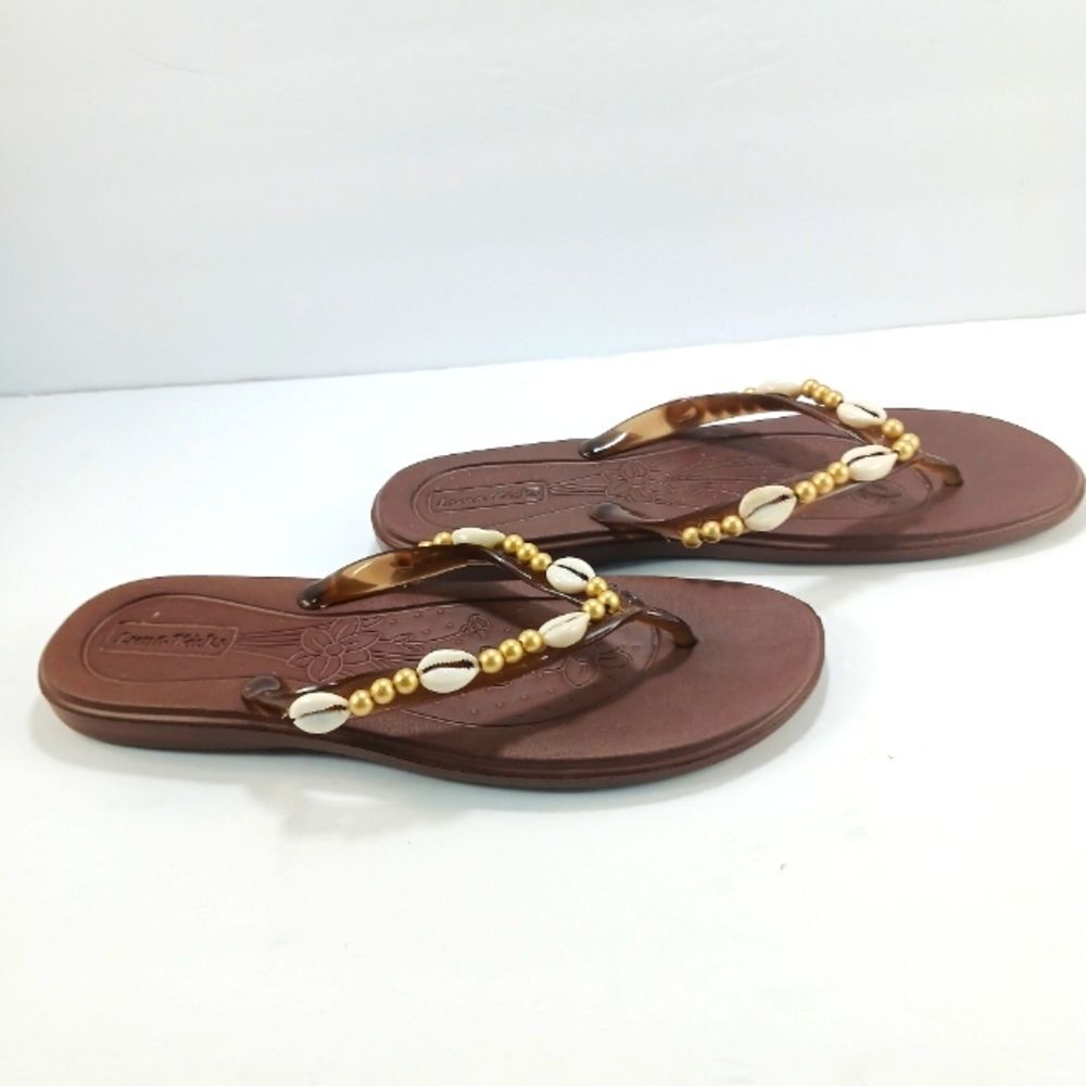 Luna Kicks Brown Boho Thong Sandals with Shell and Bead Accents Womans XL 11/12